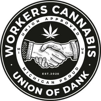 Cannabis workers logo, two hands making a deal.